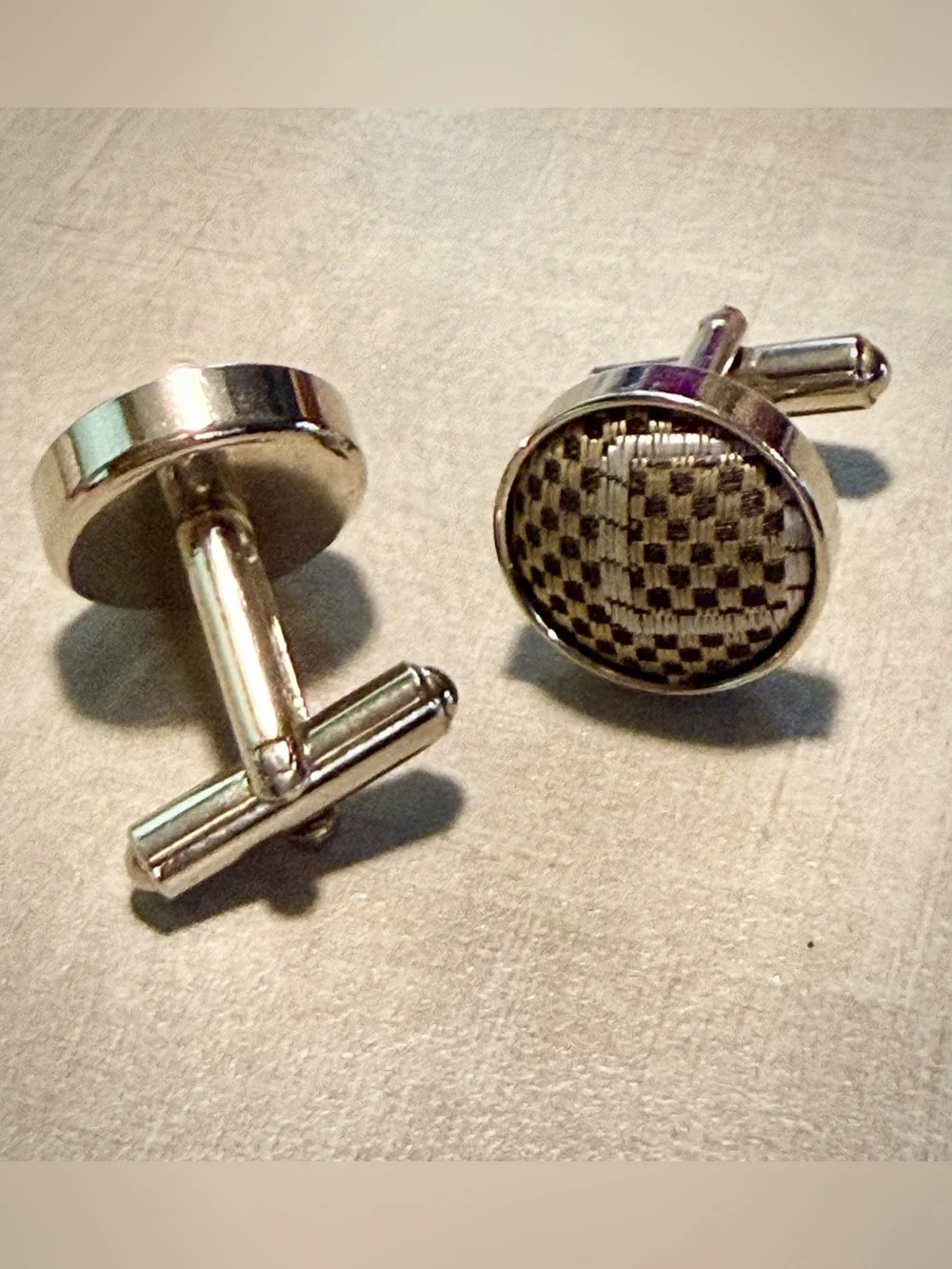 Carbon Fiber Cufflinks, Silver Woven. Texalium Style Inlay